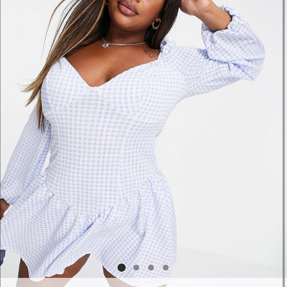 asos blue and white gingham plaid drop waist corset milkmaid skater dress